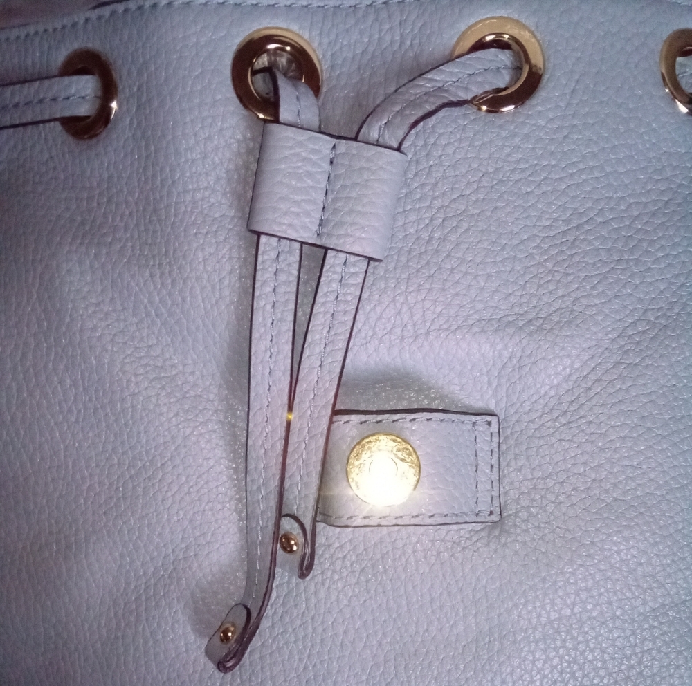 Michael Kors Riley Powder Blue Pebbled Leather Gold Studded Drawstring Backpack - Picture 6 of 12